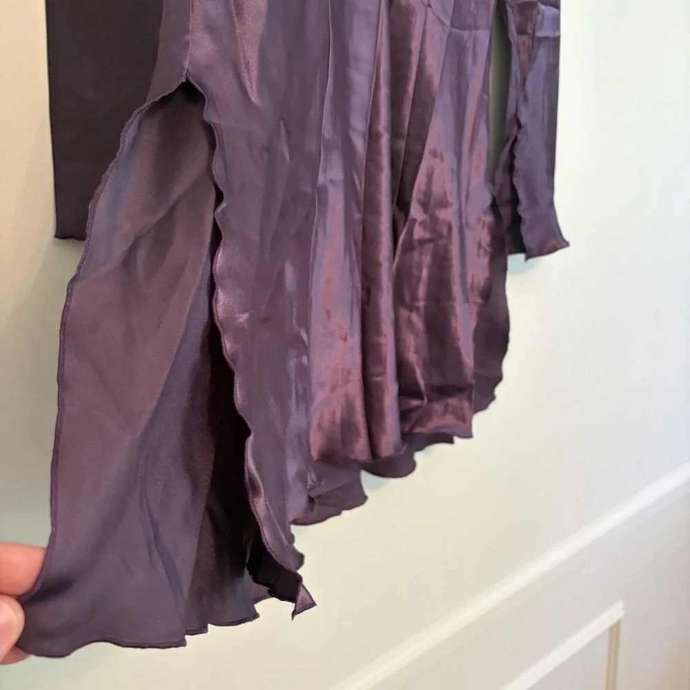 Fredericks Of Hollywood Plum Medium Nightgown Long Sleeve Ruffle Slit V Neck Tie